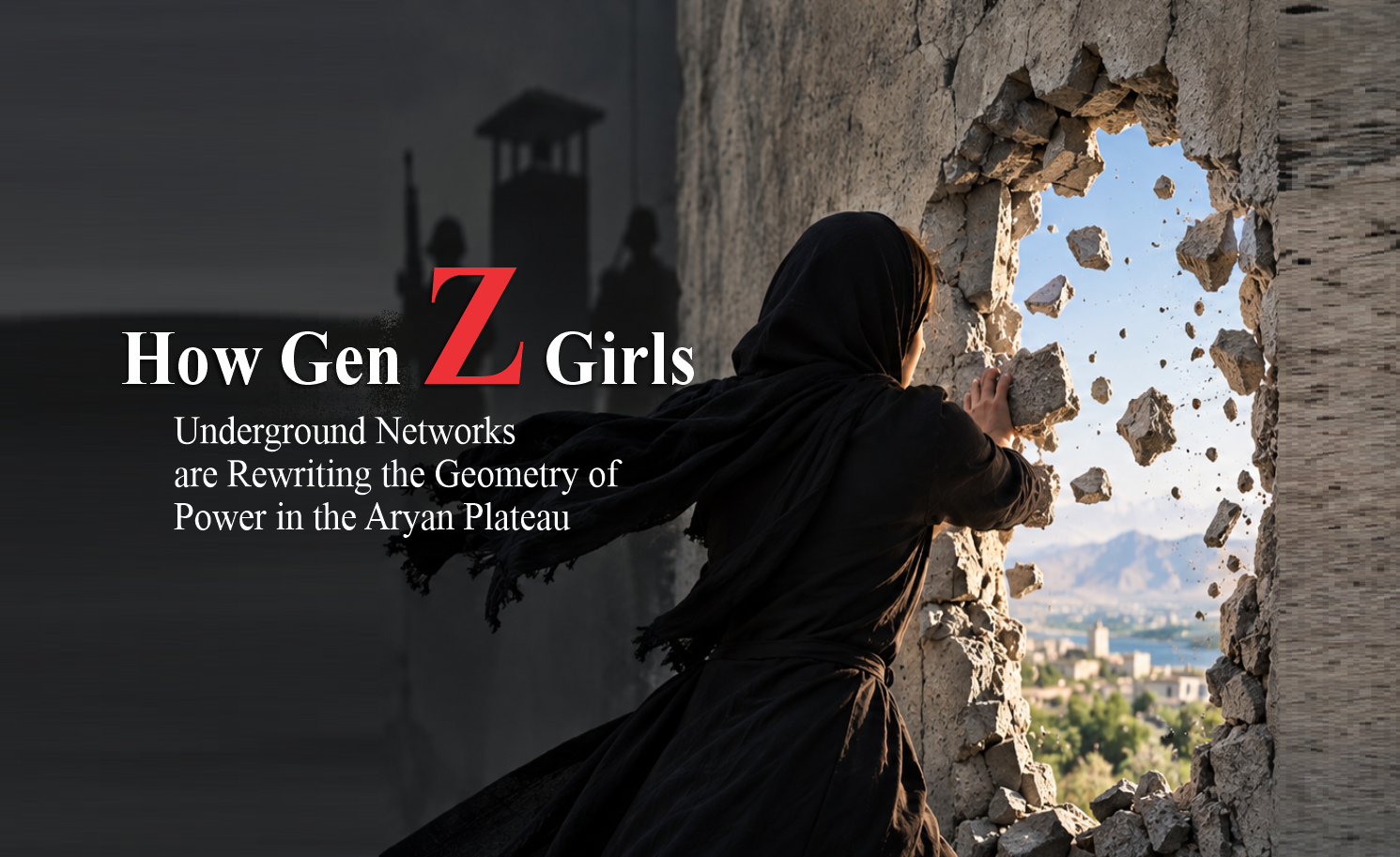 Young woman breaking through a wall toward daylight
